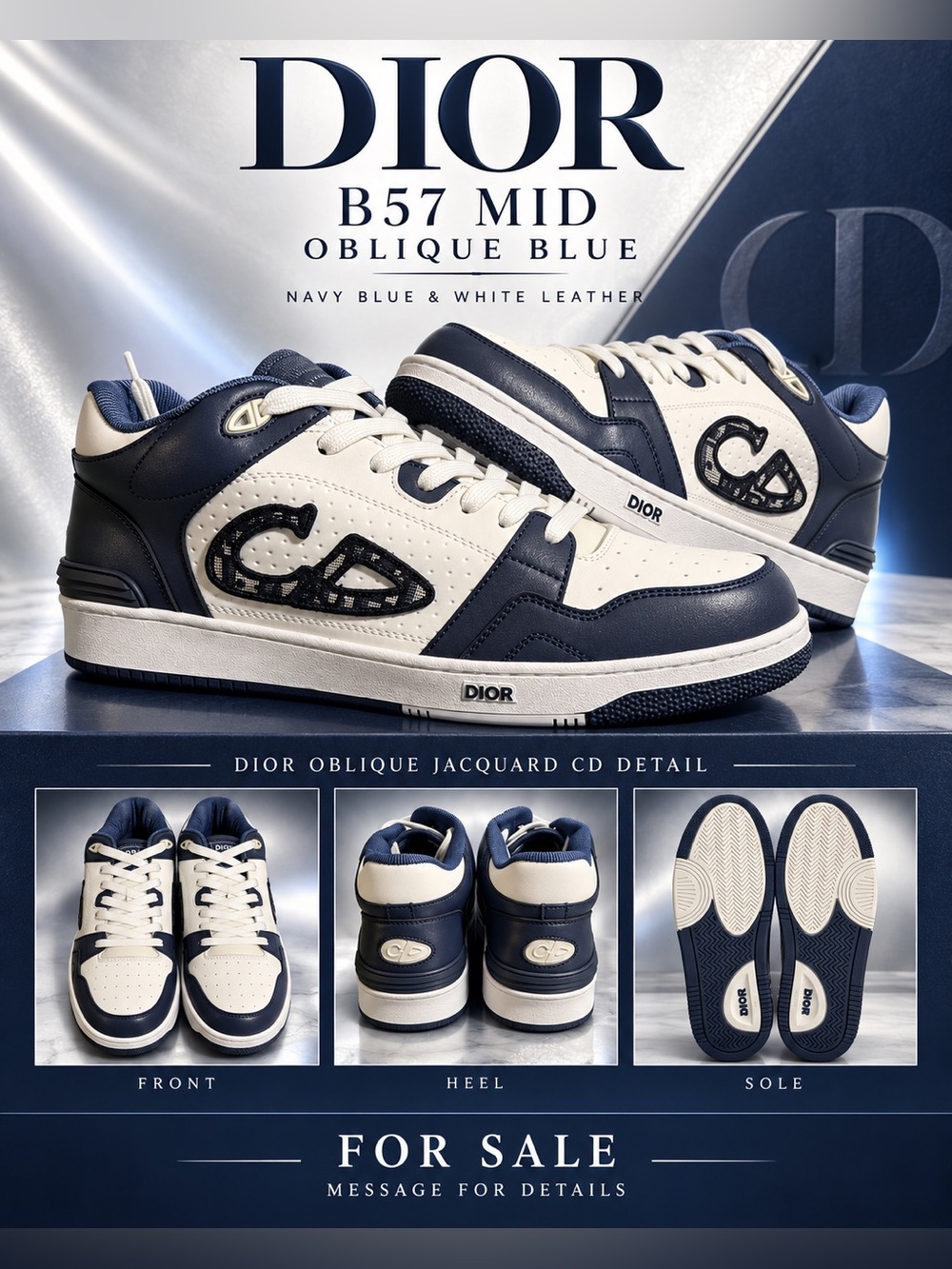 Dior B57 Mid Oblique Blue sneakers featuring-navy blue/white leather upper🔥New!